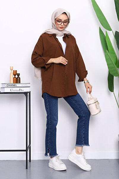 İmajButik Kahverengi Düğmeli Salaş Terikoton Gömlek
