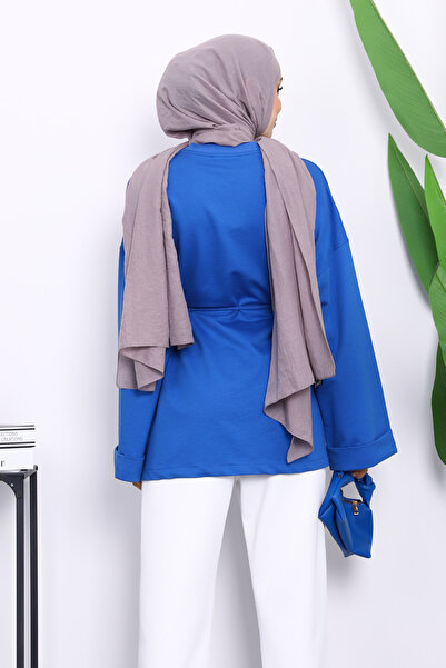 İmajButik Μπλε τουνίκ Saks με σχισμές στα πλαϊνά και κορδόνι στη μέση