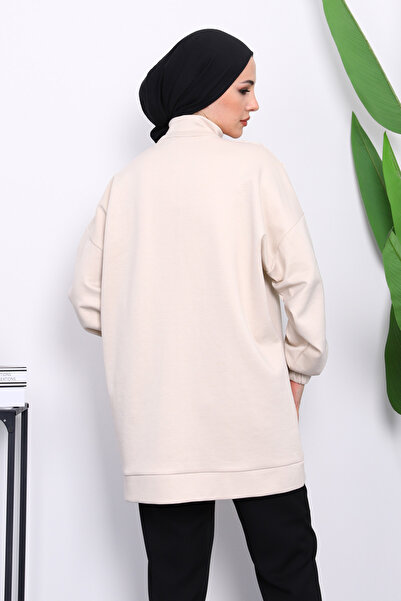 İmajButik Beige Floral Patterned Zippered Tunic