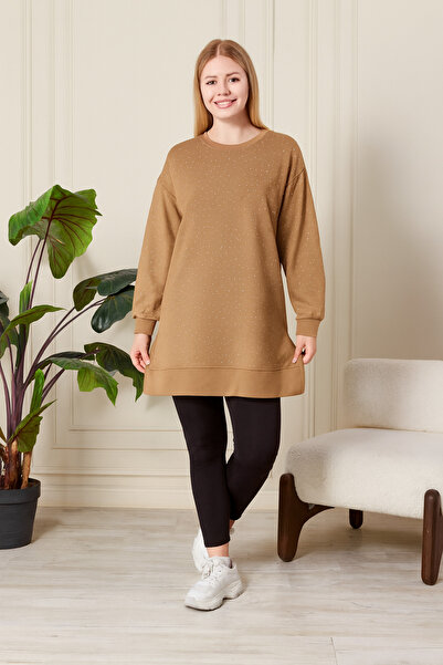 Birol Triko Women's Dark Beige Slit Tunic with Crystal Stone Accessories