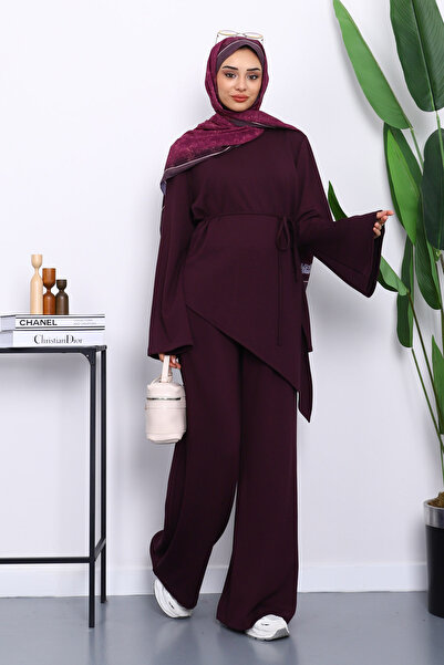 İmajButik Mürdüm Asimetrik Kesim Tunik Pantolonlu Takım