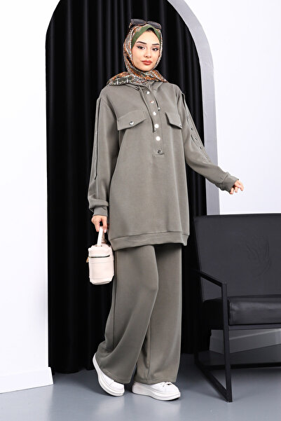 İmajButik Haki Çıtçıt Detaylı Tunik Pantolonlu Takım