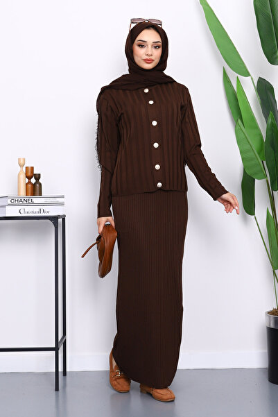 İmajButik Καφέ Crop Ζακέτα Πλεκτό Φόρεμα Διπλός Συνδυασμός