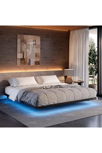 Yanara سرير عائم ذكي بطول 160 سم مزود بإضاءة LED وشحن - منصة معدنية حديثة، سهل التركيب، بدون زنبرك صندوقي