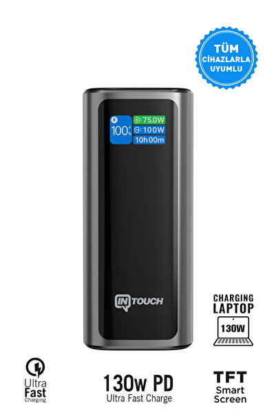 İntouch 20.000mAh Ultra Hızlı Şarj 130W TFT Ekranlı Laptop ve Tablet Şarj Edebilen Powerbank Premium Serisi