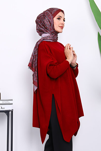 İmajButik Burgundy Batwing Sleeve Poncho Knitwear Tunic