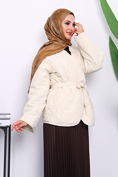 İmajButik Μπουφάν με κρεμ καπιτονέ επένδυση και ζώνη