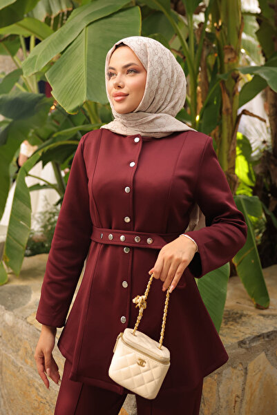 İmajButik Bordo Scuba Çıtçıtlı Ceket Pantolonlu Takım