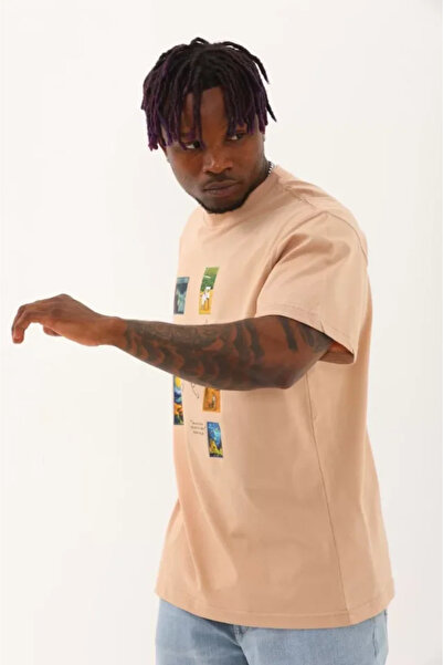 HAZEGO Unisex oversized με τύπωμα T-Shirt Crew Neck - Μπεζ Μπεζ ανδρικό μπλουζάκι άνετο και κομψό