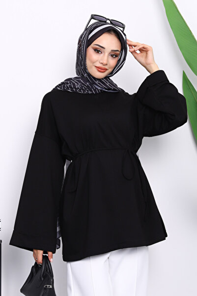 İmajButik Black Tunic with Slits on the Sides and Drawstring Waist
