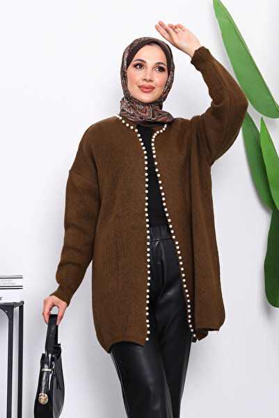 İmajButik Καφέ Μαλακό Πλεκτό Ζακέτα με Πέρλες