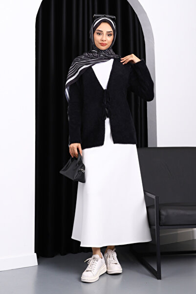 İmajButik Black Angora Soft Cardigan with Front Tie Detail