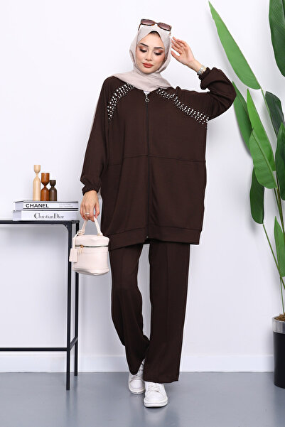 İmajButik Σετ τουνίκ με φερμουάρ και παντελόνι με λεπτομέρεια από καφέ πέτρα