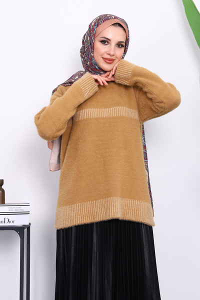 İmajButik Πλεκτό πουλόβερ με ρίγες Angora με λαιμόκοψη μπισκότο