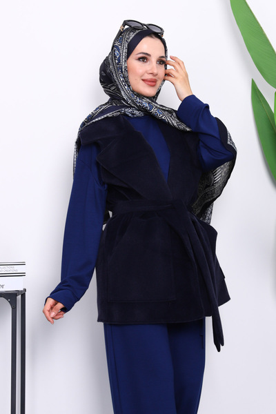 İmajButik Navy Blue Double-Breasted Collar Belted Cashmere Vest