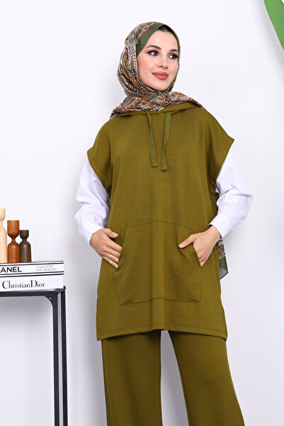 İmajButik Oil Green Hooded Sweater with Pants Modal Set