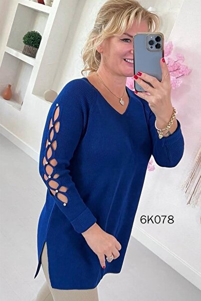 İnce Topuk بلوزة تريكو بأكمام على شكل حرف V مطرزة بالحجر 6k078