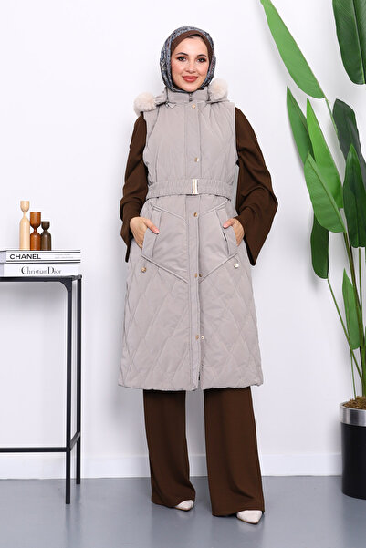 İmajButik Stone Fur Detailed Hooded Long Nova Vest