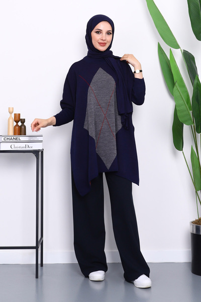 İmajButik Πλεκτό πανσό με μανίκια σε μπλε ναυτικό καπνιστό χρώμα άνοιγμα