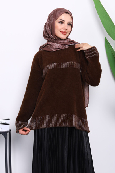 İmajButik Καφέ πλεκτό πουλόβερ με ρίγες Angora Yumoş