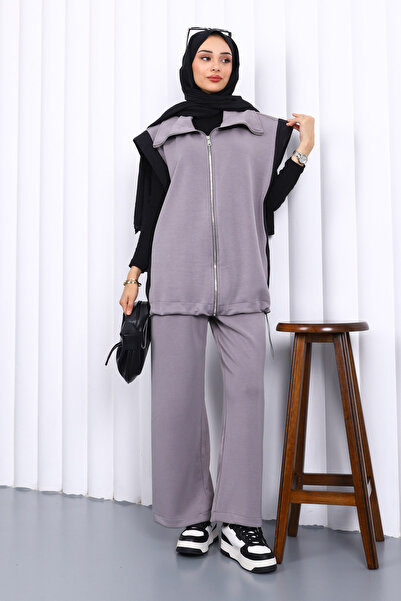 İmajButik Gray Zippered Modal Vest and Pants Set