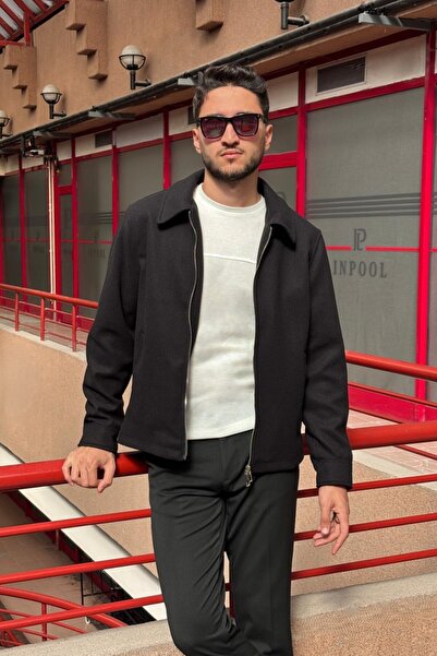 inpool Bărbați, croială standard, detaliu cu fermoar, guler cămașă, jachetă c...