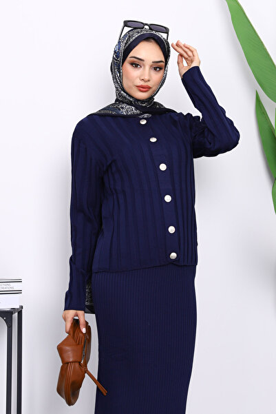 İmajButik Φόρεμα πλεκτό Navy Blue Crop Ζακέτα Διπλός Συνδυασμός