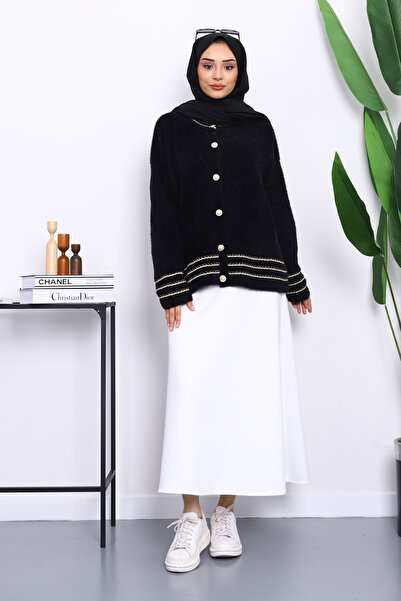 İmajButik Black Angora Soft Knit Cardigan with Piping Detail