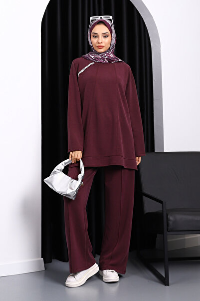 İmajButik Σετ Modal με λεπτομέρεια από πέτρα από δαμάσκηνο και παντελόνι τουνίκ