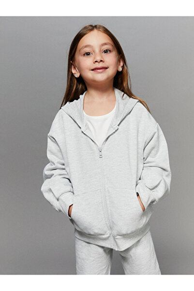 LC Waikiki LCW Kids Gri Kapüşonlu Uzun Kollu Kız Çocuk Fermuarlı Sweatshirt