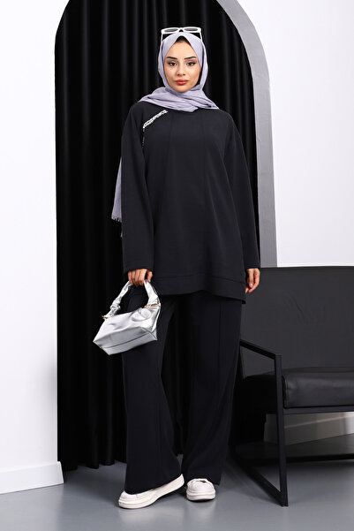 İmajButik Set modal cu tunica cu detalii din piatra neagra si pantaloni