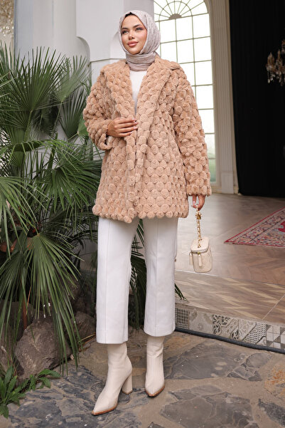 İmajButik Γούνινο παλτό με διπλή τσέπη με γιακά βιζόν