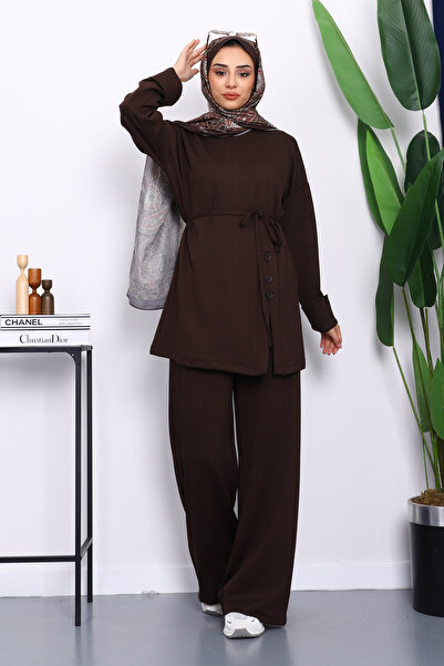 İmajButik Σετ Modal με καφέ κουμπιά και λεπτομέρεια με τονισμό με παντελόνι τουνίκ