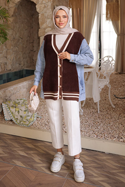 İmajButik Μαλακή πλεκτή ζακέτα με καφέ τζιν γαρνιτούρα