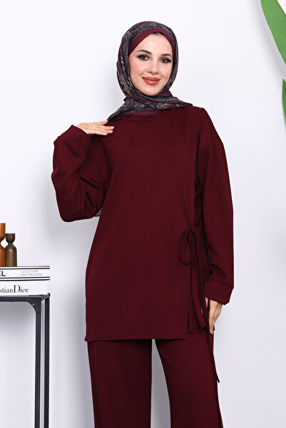İmajButik Mürdüm Yan Bağlamalı Tunik Pantolonlu Modal Takım