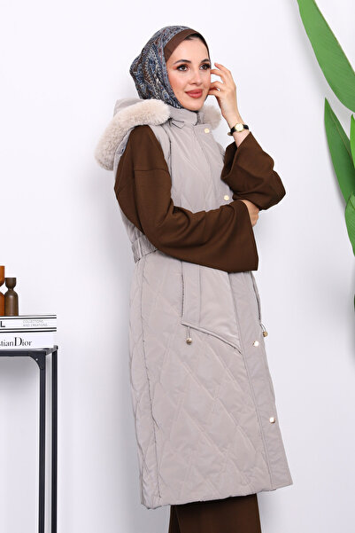 İmajButik Stone Fur Detailed Hooded Long Vest