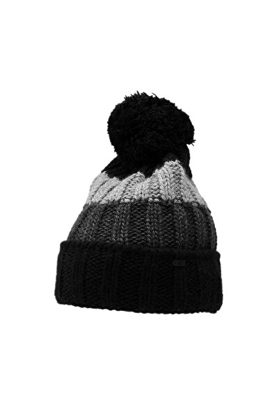 4F Children's winter double layer beanie with pompom insulated black
