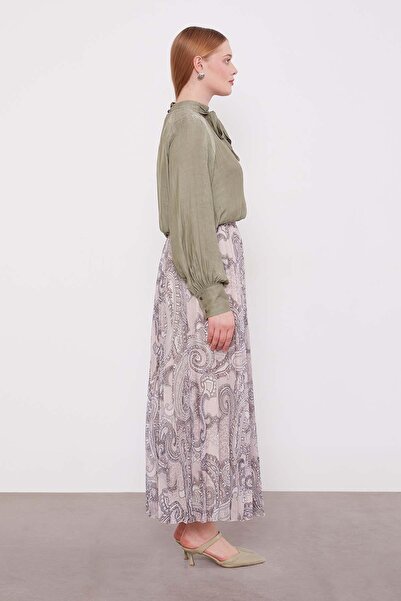 Levidor Beige Ethnic Pattern Pleated Skirt