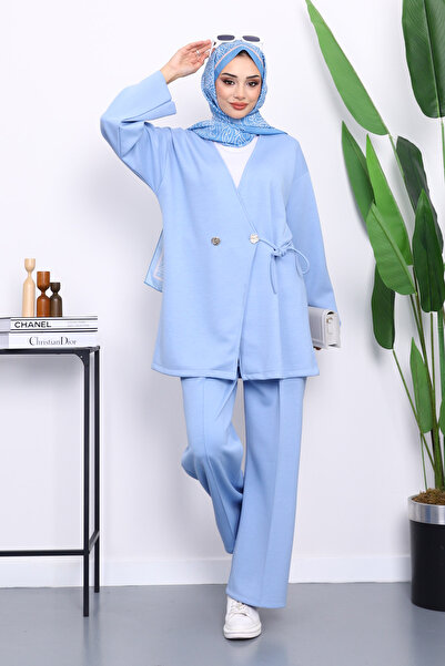 İmajButik Bebe Mavi Bağlama Detaylı Tunik Pantolonlu Takım