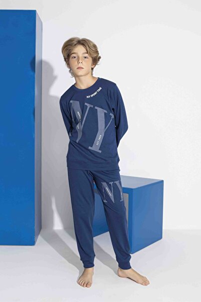 Tarık Boys' 100% Cotton Interlock Gez Boy Ny Printed Crew Neck Long Sleeve Pajama Set