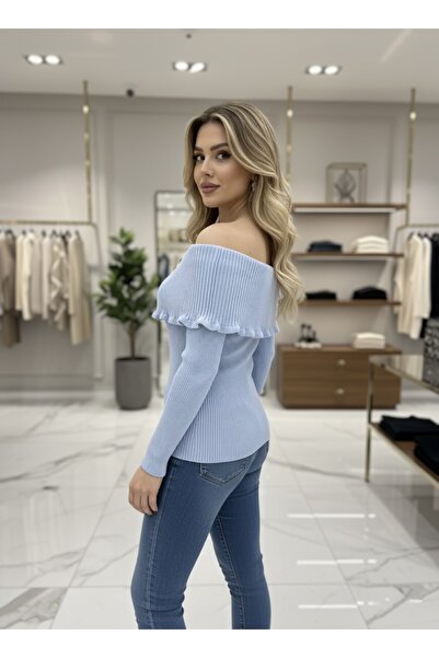 bohostyle Pulover tricotat fin din fir acrilic, cu decolteu asimetric pe umăr și volănaș decorativ