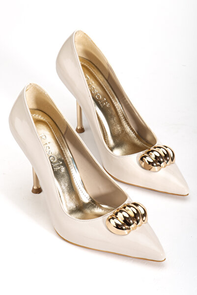 RİSSOLİ Stiletto cu toc cu detaliu cu cataramă aurie din piele lacuită bej pentru femei