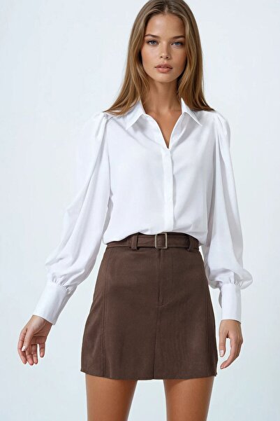 VAGGON Women's Bitter Brown Gold Buckle Belted Suede Look Mini Skirt Vs00853