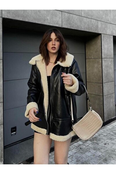 Ekim Store Palton lung de motociclist, cu interior de pluș