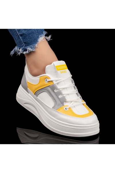 Modlet.ro Sneakerși cu talpă groasă pentru femei, albi, galbeni și gri, MOD07827