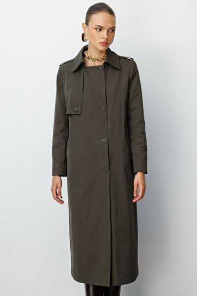 Mizalle Haki Apoletli Klasik Maxi Mac Trençkot