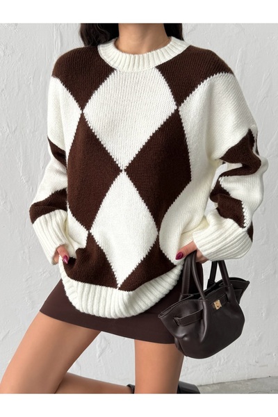 BEJNA Women's Brown Geometric Pattern Oversize Sweater