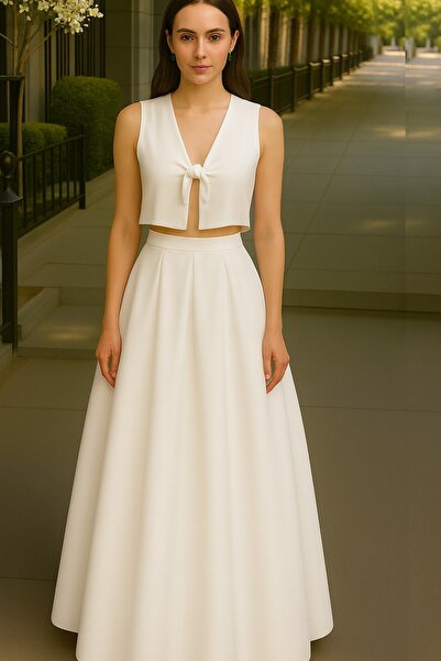 MadyaButik Women's Satin Front Tie White Bustier