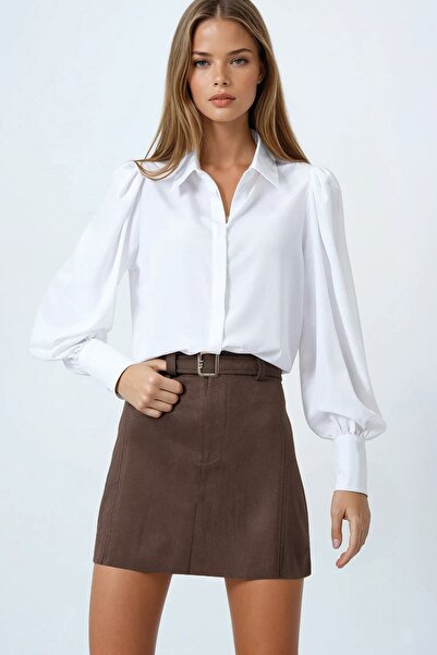 VAGGON Women's Bitter Brown Gold Buckle Belted Suede Look Mini Skirt Vs00853