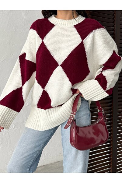 BEJNA Women's Burgundy Geometric Pattern Oversize Sweater